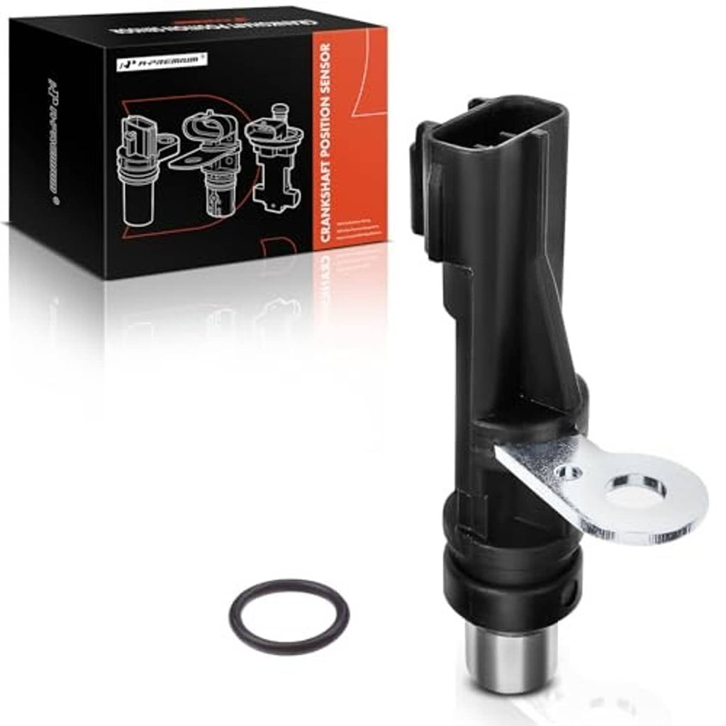 Crankshaft position sensor with black connector, metal mounting plate, and included O-ring