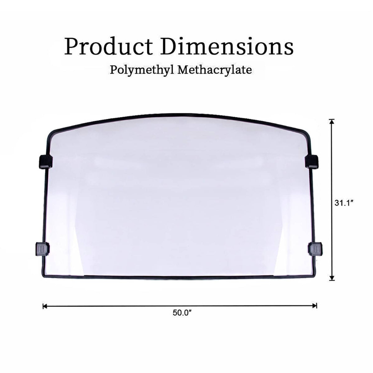 Clear windshield dimensions diagram with black frame and mounting tabs