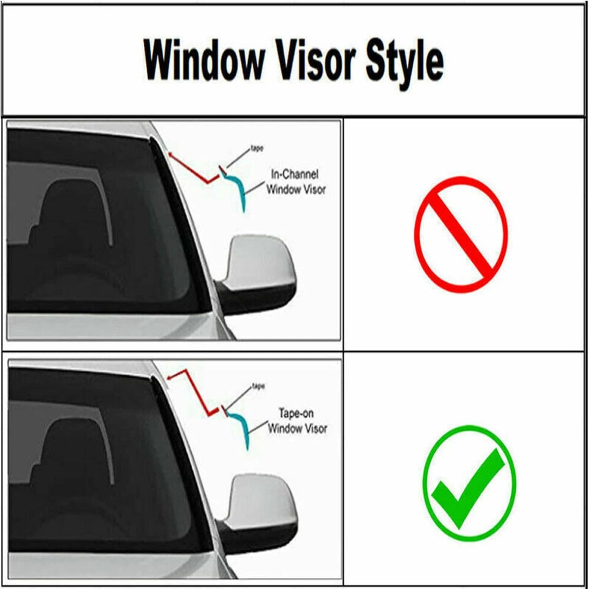 Window visor style diagram for in-channel and tape-on window rain guards