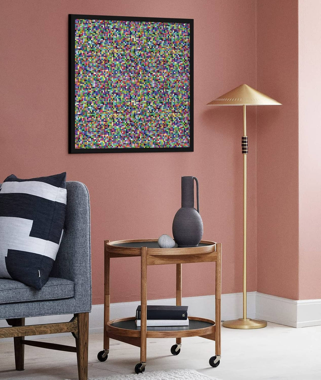 Framed colorful mosaic jigsaw puzzle artwork on wall