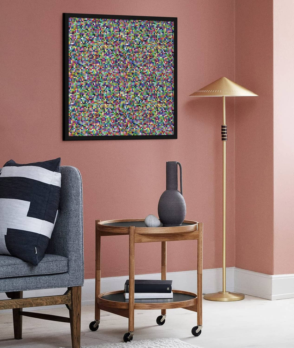 Framed colorful mosaic jigsaw puzzle artwork on wall