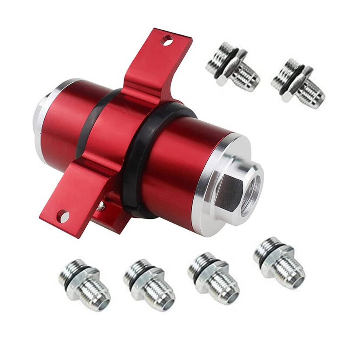 Red inline fuel filter with bracket and AN fitting adapters, billet aluminum body