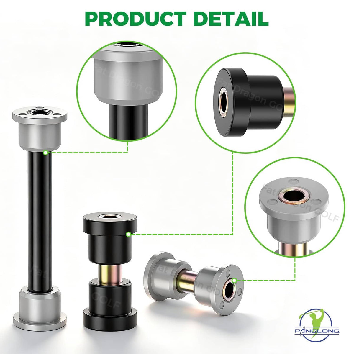 Bushing kit details: black and gray bushings with gold sleeves and ring inserts
