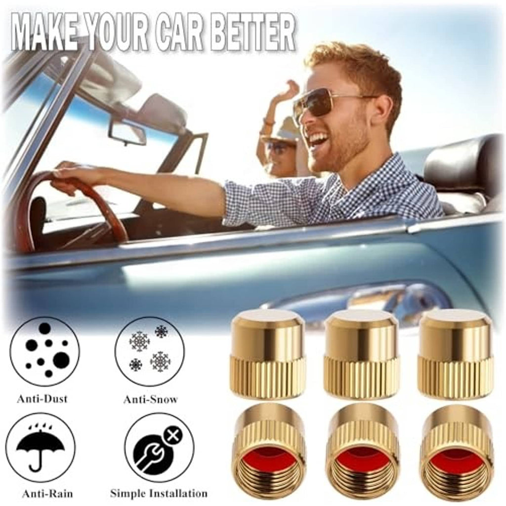 Gold valve stem caps set, ridged metal design with red inner sealing ring.