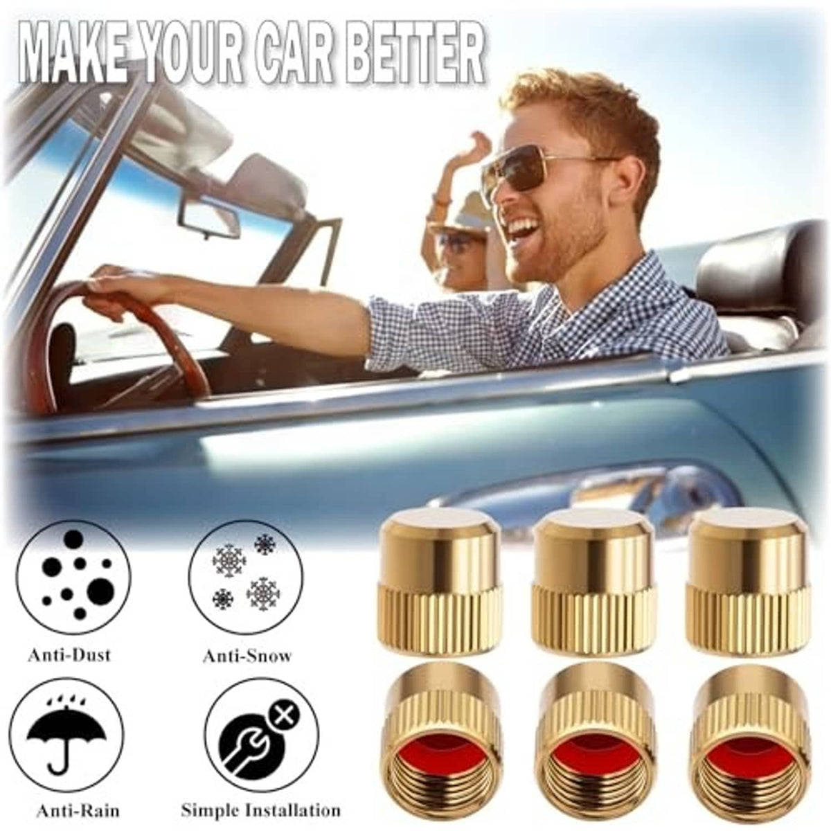Gold valve stem caps set, ridged metal design with red inner sealing ring.