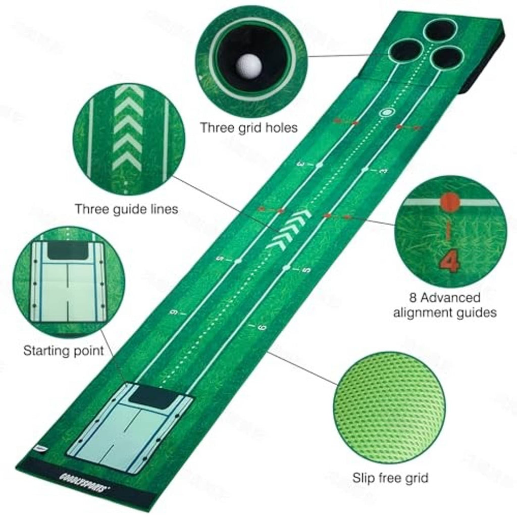 Green putting mat with three guide lines, three holes, slip-free grip texture section