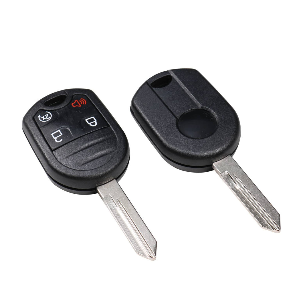 Two-button remote car start key fob pair with metal keys, black plastic shells