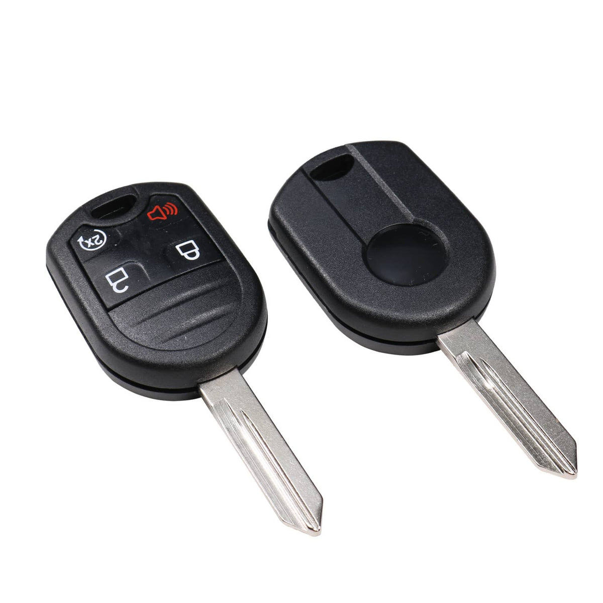 Two-button remote car start key fob pair with metal keys, black plastic shells
