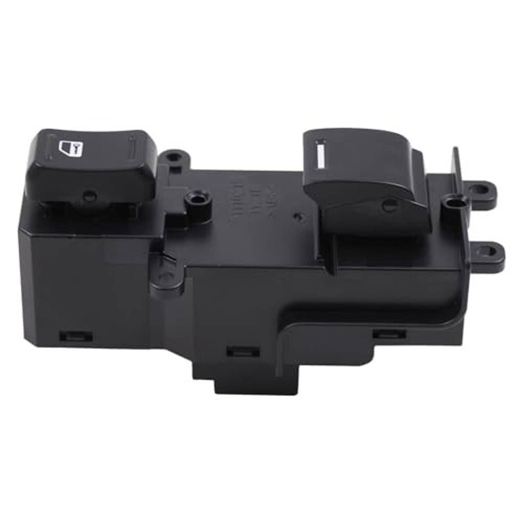 Power window switch side profile with rocker button and connector posts, black plastic