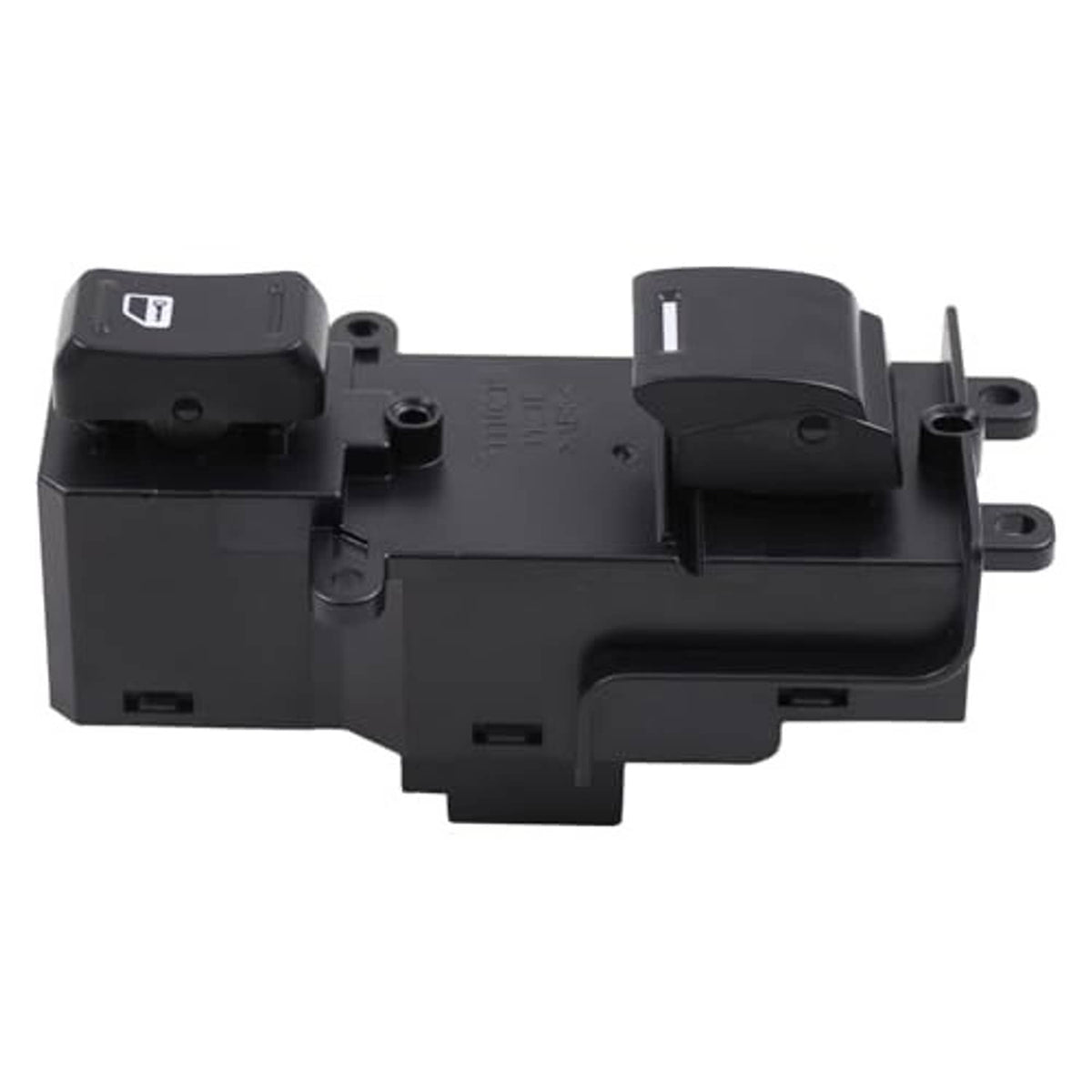 Power window switch side profile with rocker button and connector posts, black plastic