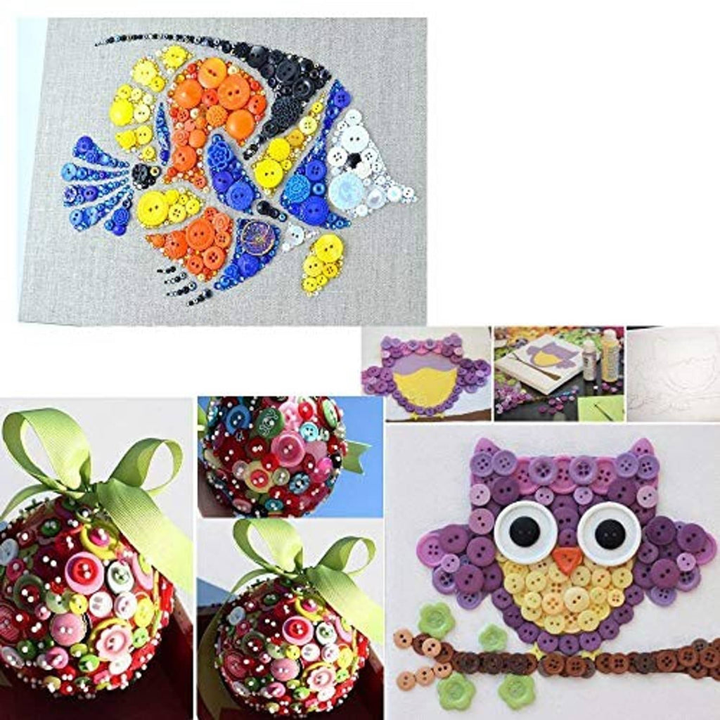 Multicolor round resin buttons on crafting projects, visible button clusters and designs
