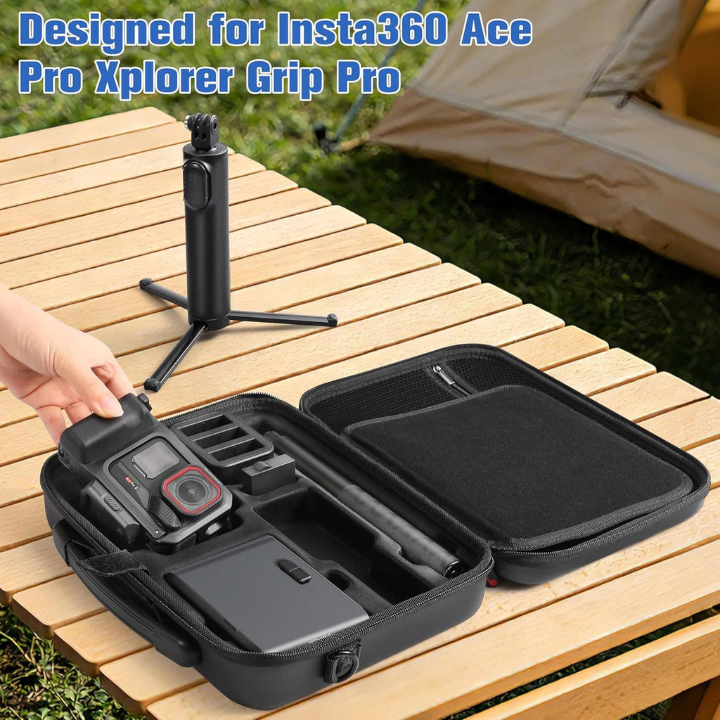 Black hard-shell carrying case on table, open organizer with camera and accessories compartment