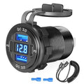 Black car USB charger with blue-lit digital voltmeter and QC 3.0/PD charging ports