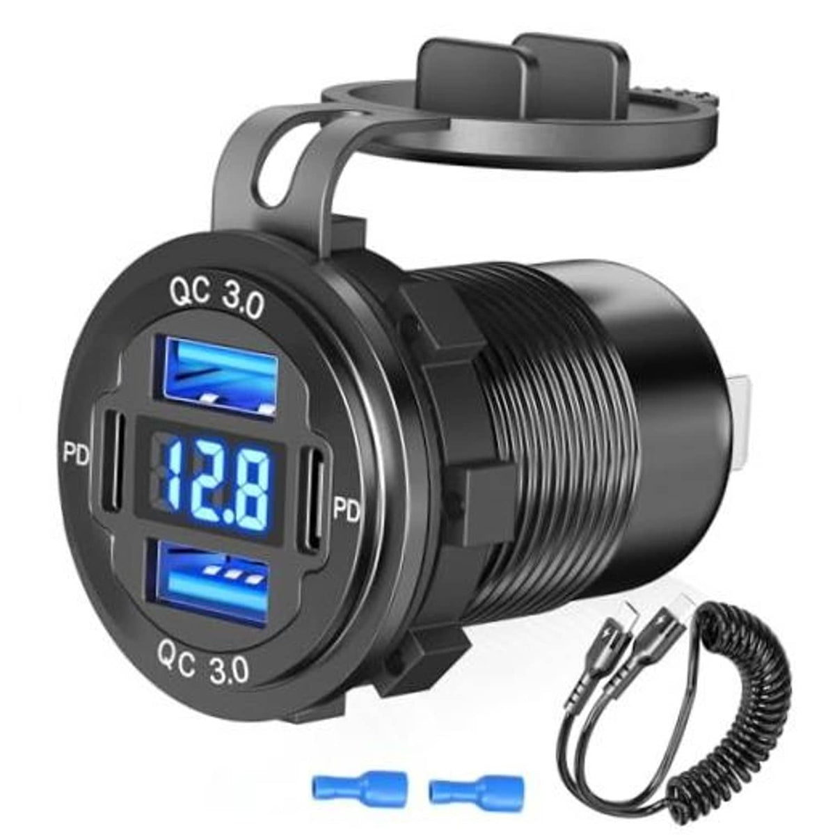 Black car USB charger with blue-lit digital voltmeter and QC 3.0/PD charging ports