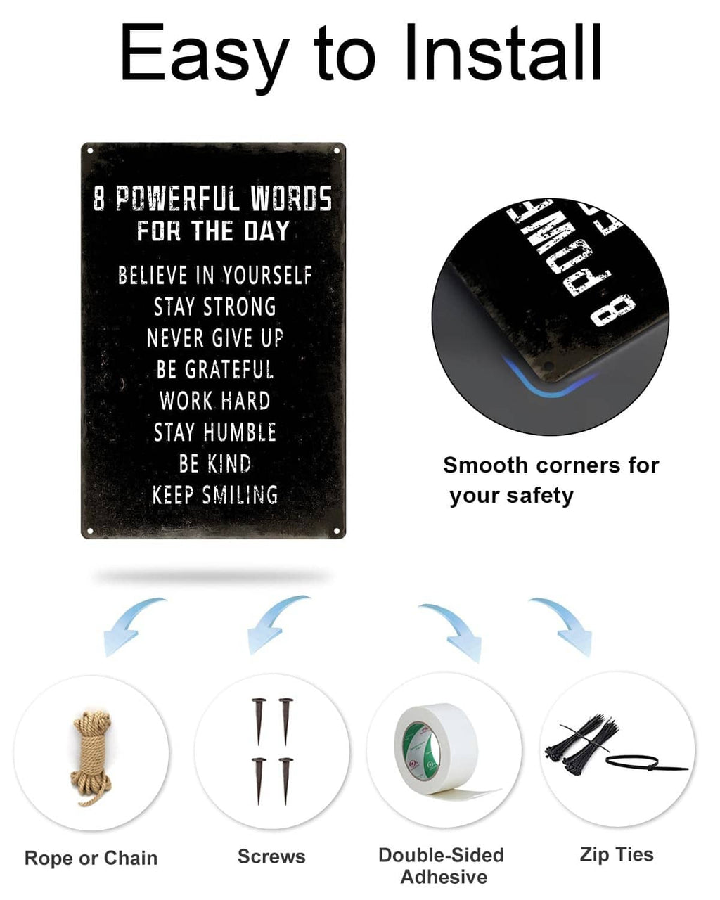 Easy-install infographic: black wall sign with smooth corners for safety