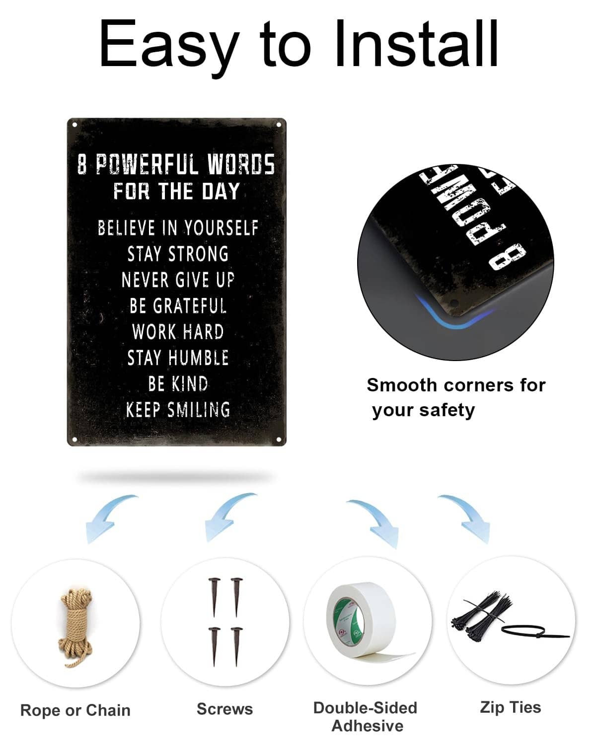 Easy-install infographic: black wall sign with smooth corners for safety