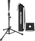 Adjustable baseball tee tripod stand with rubber tee top, carry bag, and square sandbag.