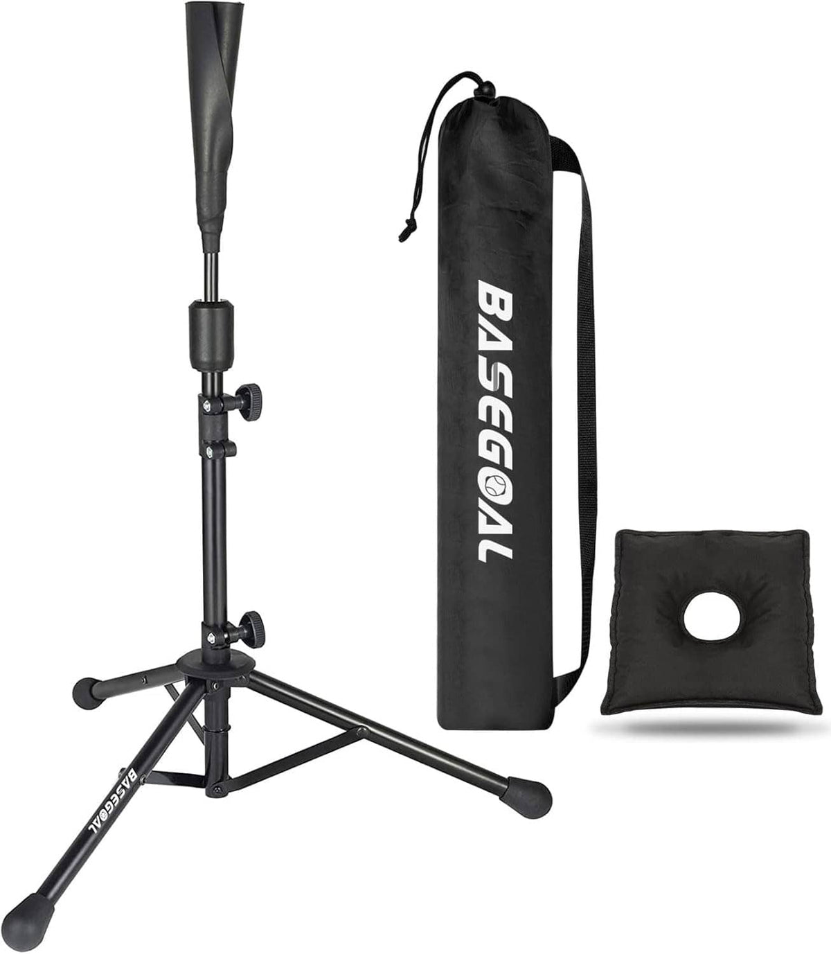 Adjustable baseball tee tripod stand with rubber tee top, carry bag, and square sandbag.