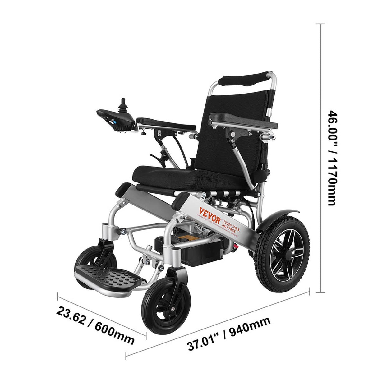 Foldable electric wheelchair with black reclining seat, silver frame, and footrest.