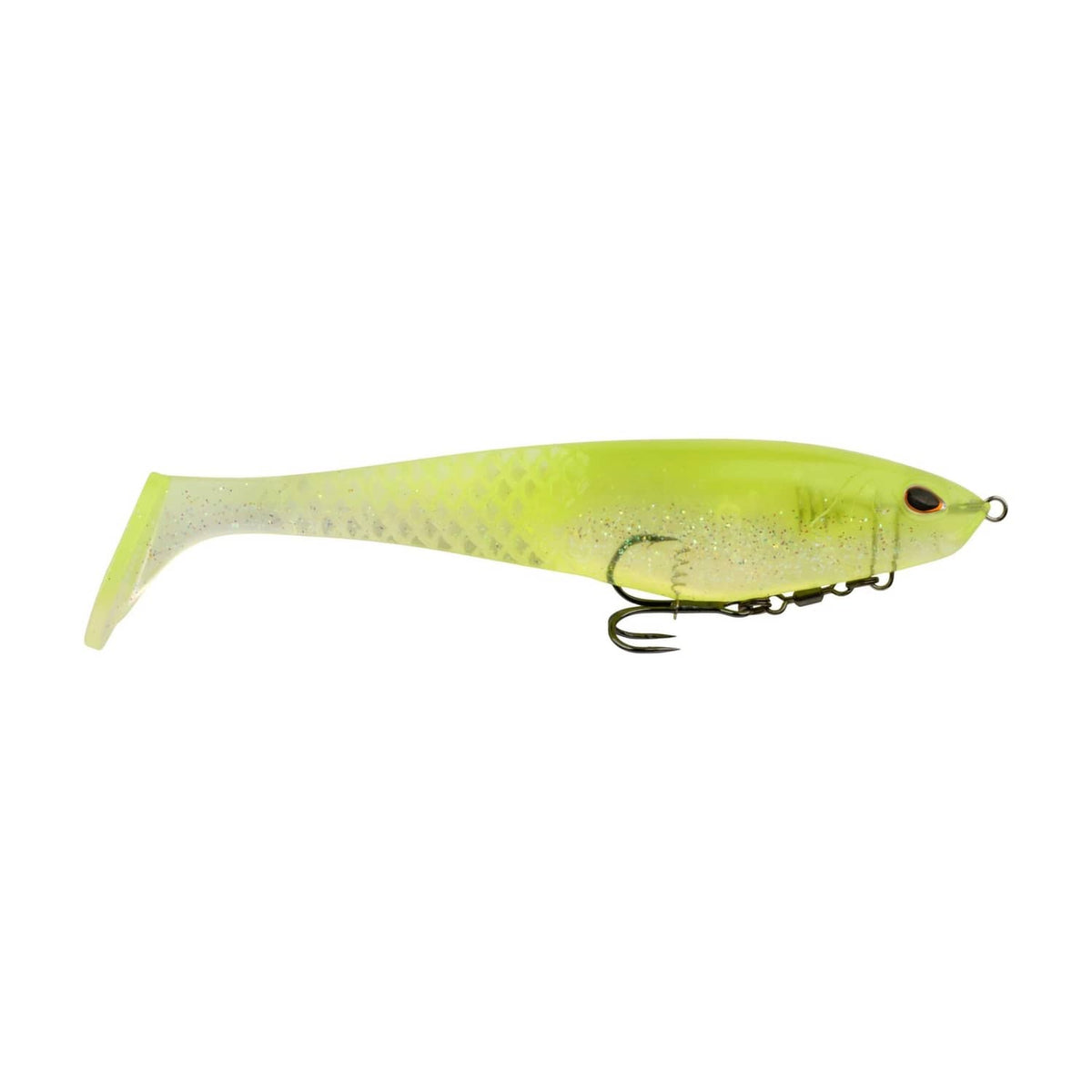 Lime ice soft plastic swim bait with speckled translucent body and treble hook