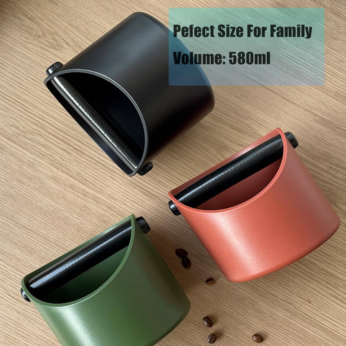 Black coffee knock box with open rim and side handles