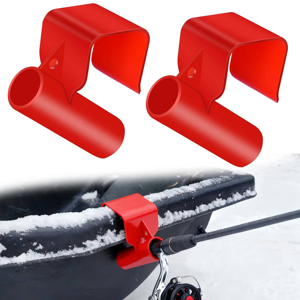 Set of two red plastic ice fishing sled rod holders with angled clamp openings