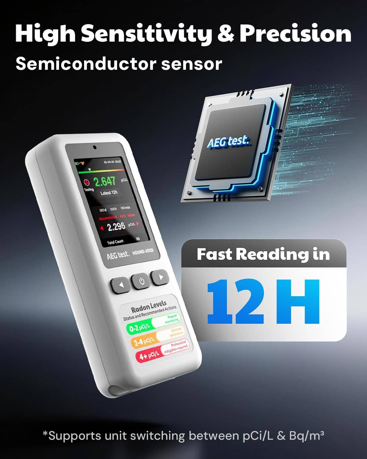 Portable radon detector, white handheld device with LCD screen and buttons