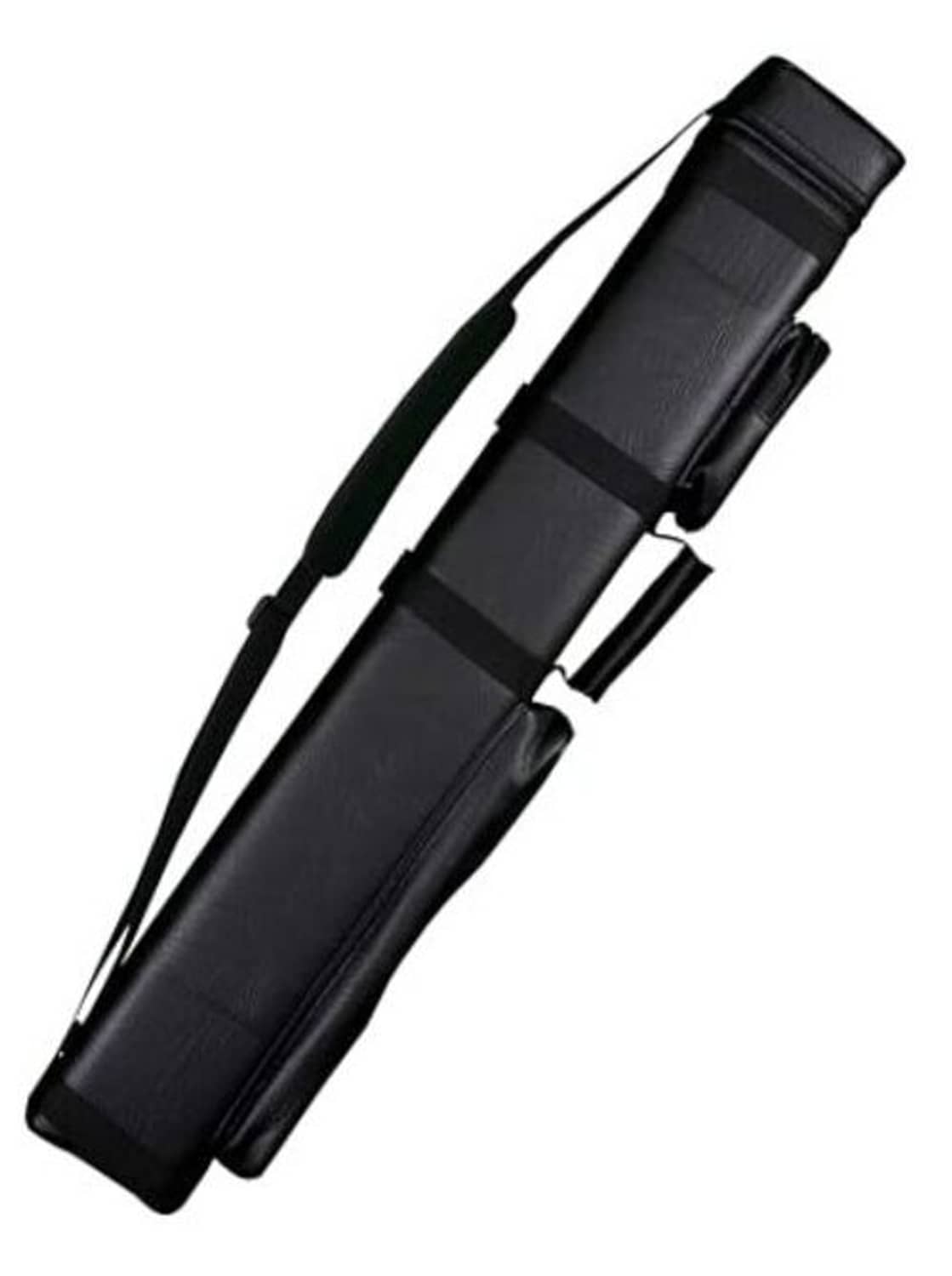 Black hard pool cue stick carrying case with shoulder strap and padded panels