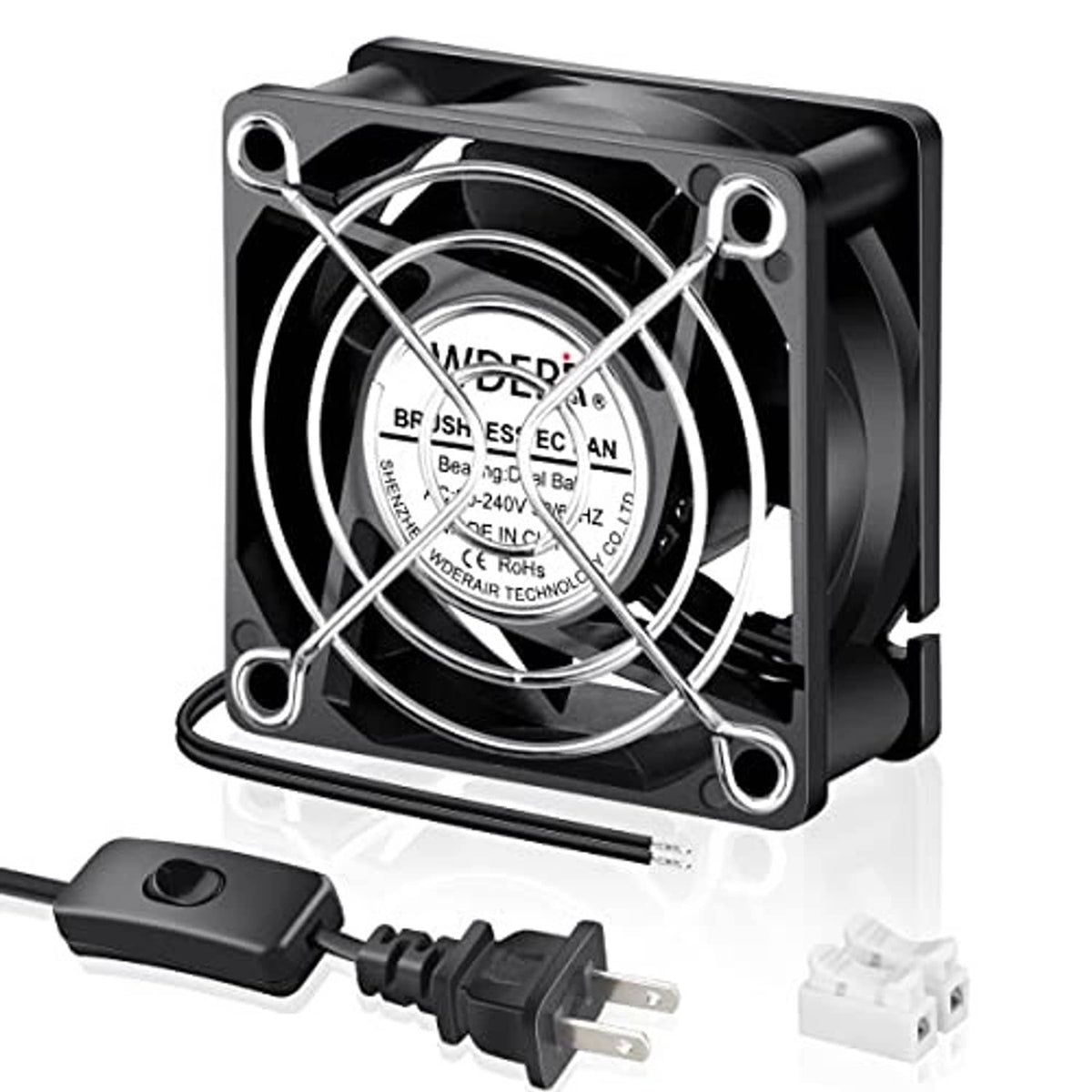 60mm square EC axial fan with metal mounting corners and attached power connectors