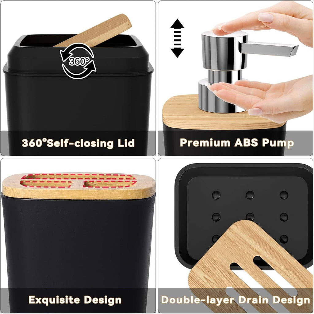 Black self-closing trash can with bamboo-style lid and ABS pump soap dispenser details