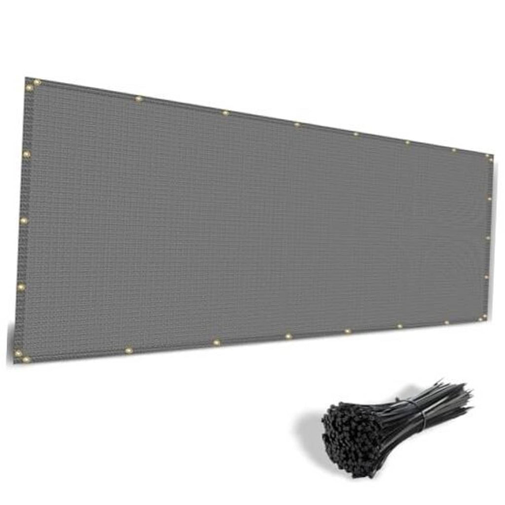 Gray sun shade cloth panel with metal grommets along edges and reinforced corners