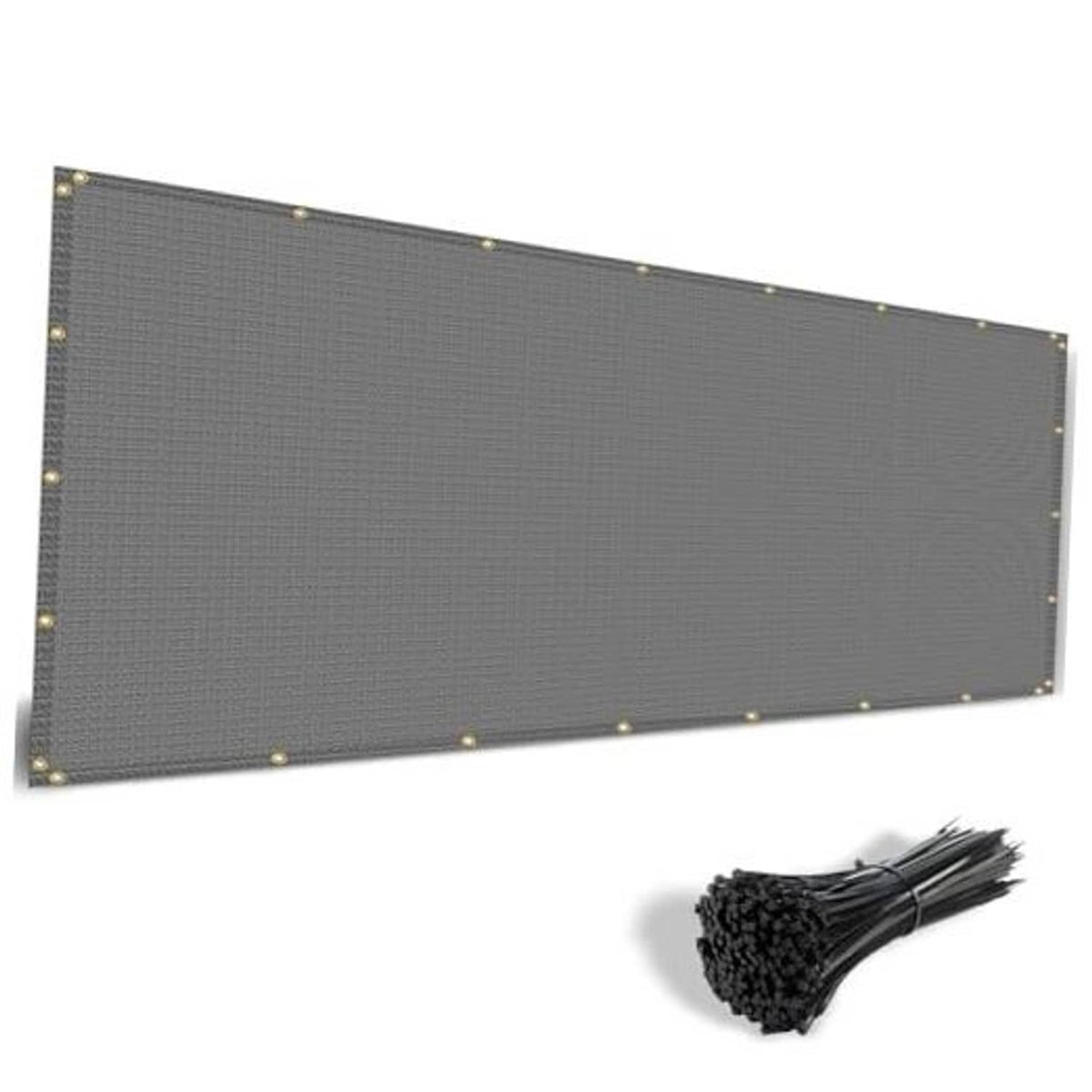 Gray sun shade cloth panel with metal grommets along edges and reinforced corners