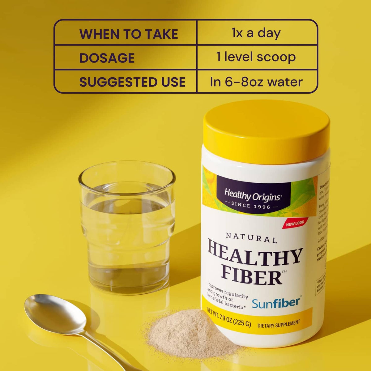 Healthy Fiber supplement bottle with scoop and glass of water