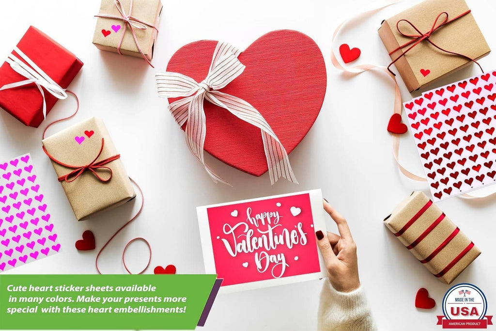Heart sticker sheets used on red heart gift tags and wrapped packages