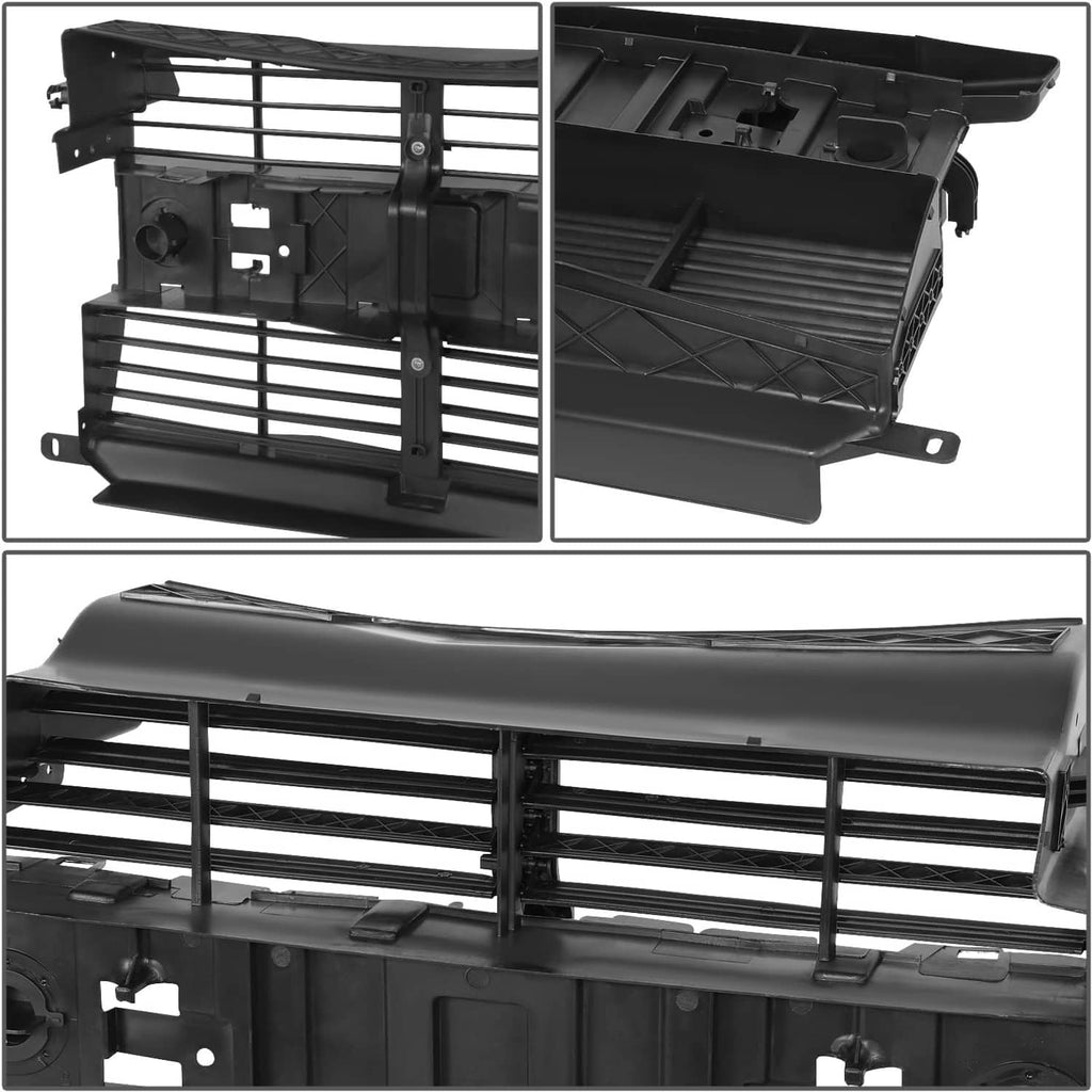 Active grille shutter assembly with motor, black plastic, close-up side and top views