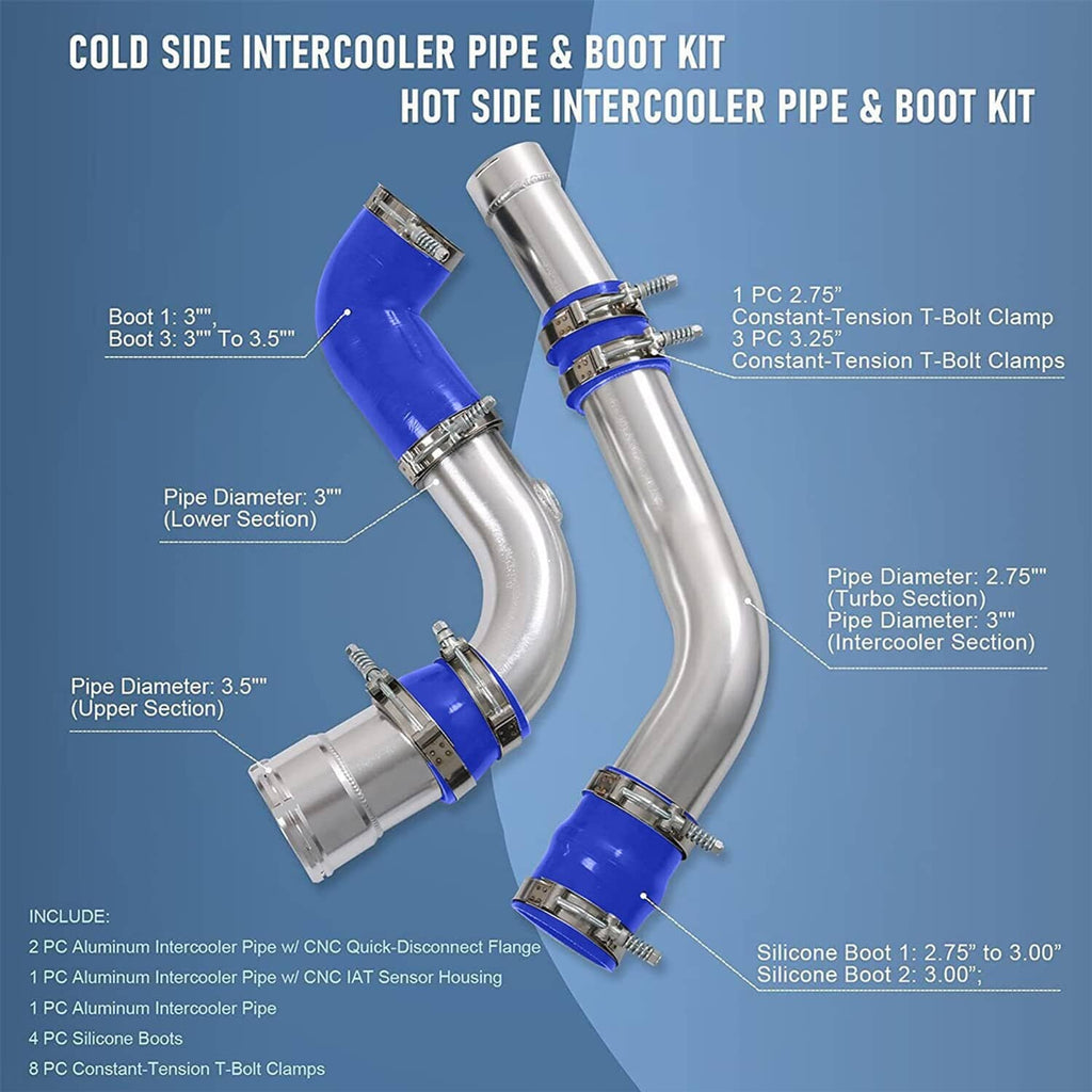 Cold and hot side intercooler pipe boot kit with blue silicone boots and aluminum pipes