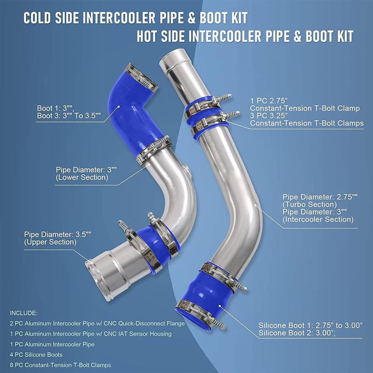 Cold and hot side intercooler pipe boot kit with blue silicone boots and aluminum pipes