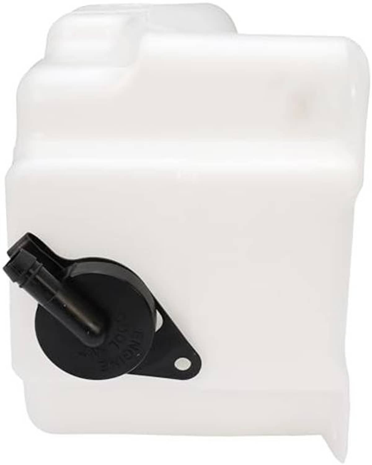 Non-pressurized coolant reservoir with black cap holder, white plastic tank