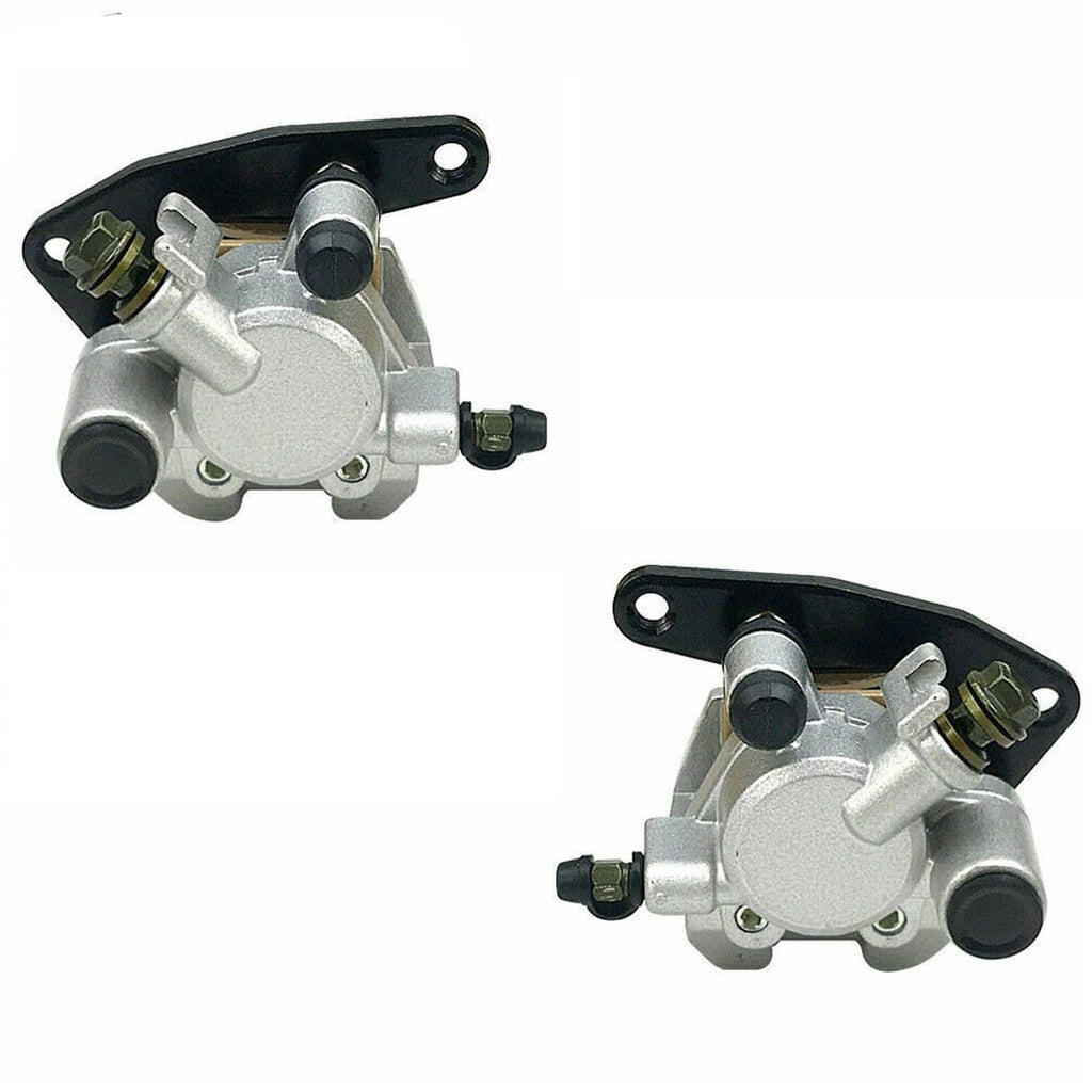 Front brake caliper pair with brackets, silver housings and black mounting bolts