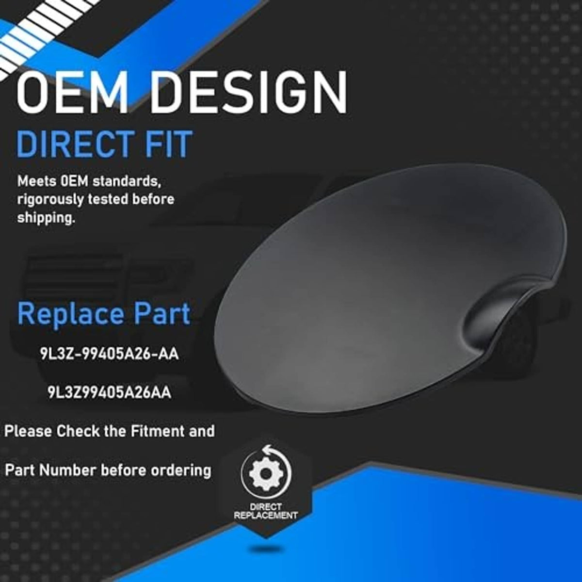 Matte black round gas tank door cover, contoured edge with side pull tab