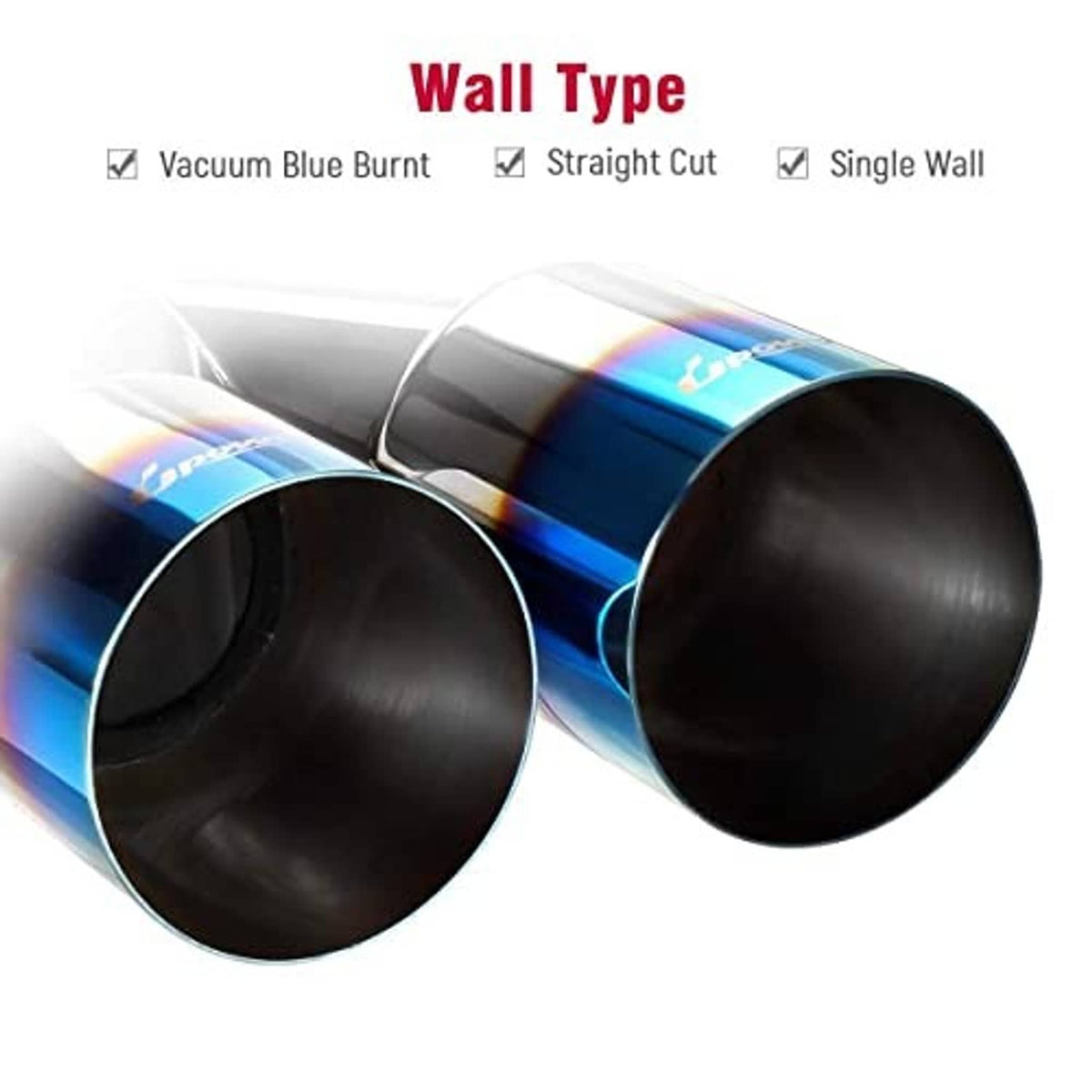 Wall-mount dual exhaust tips with blue-purple burnt finish and two round black outlet ends