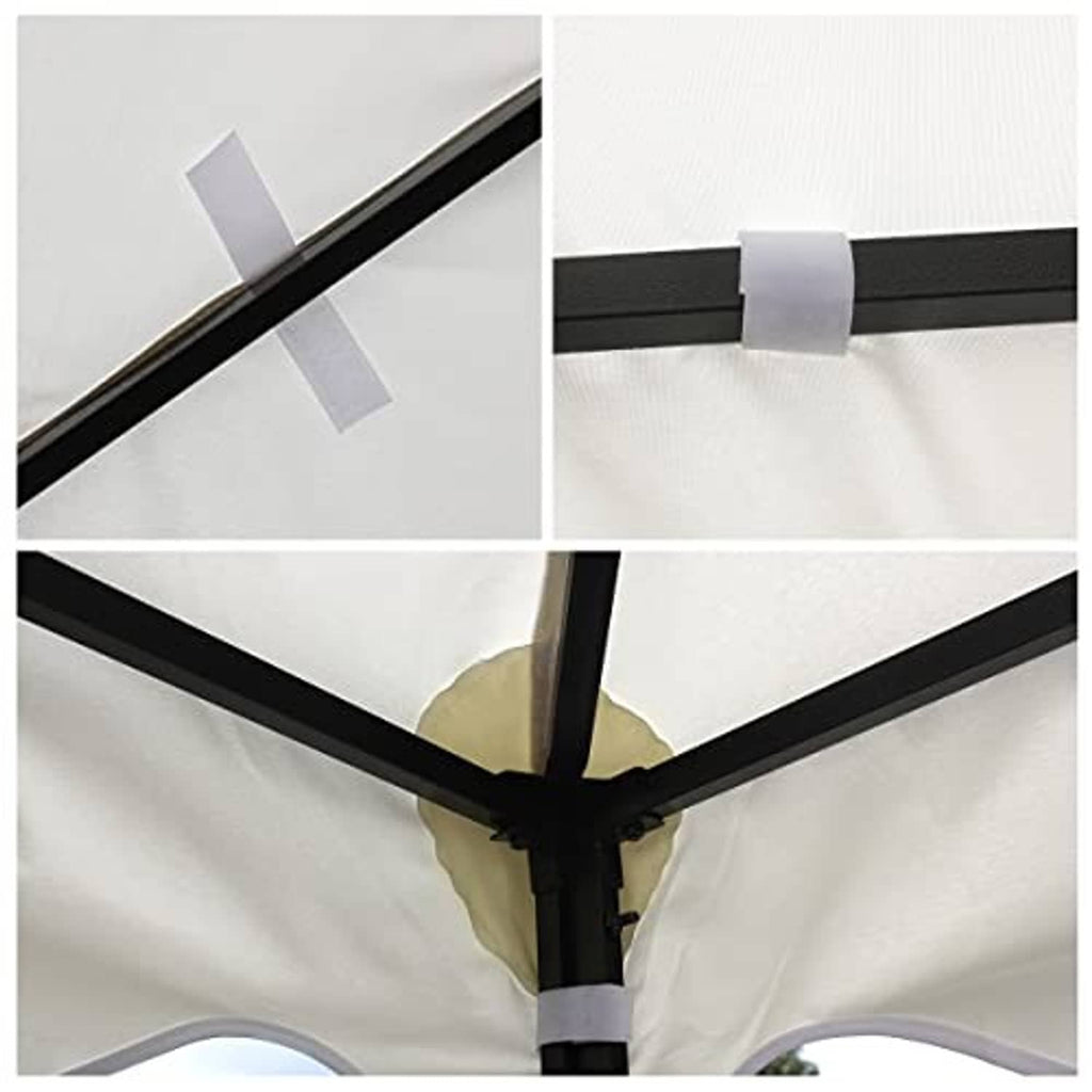 Off-white canopy corner joint with black frame and fabric tie strap