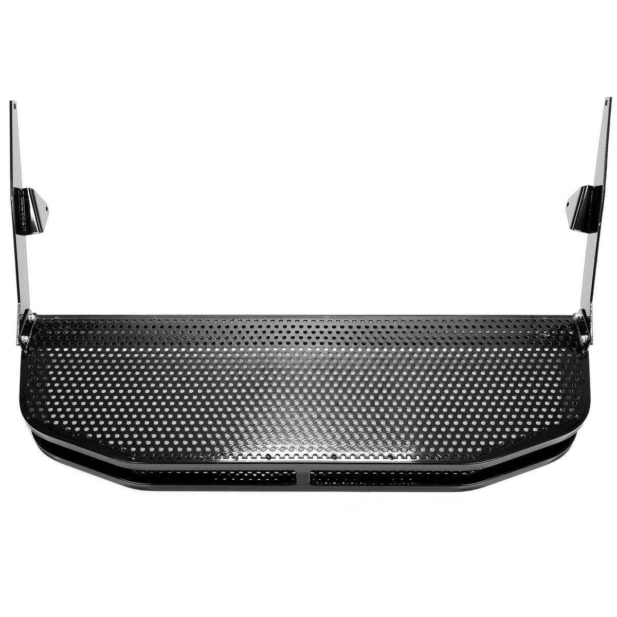 Black perforated front tray basket with frame and mounting side supports