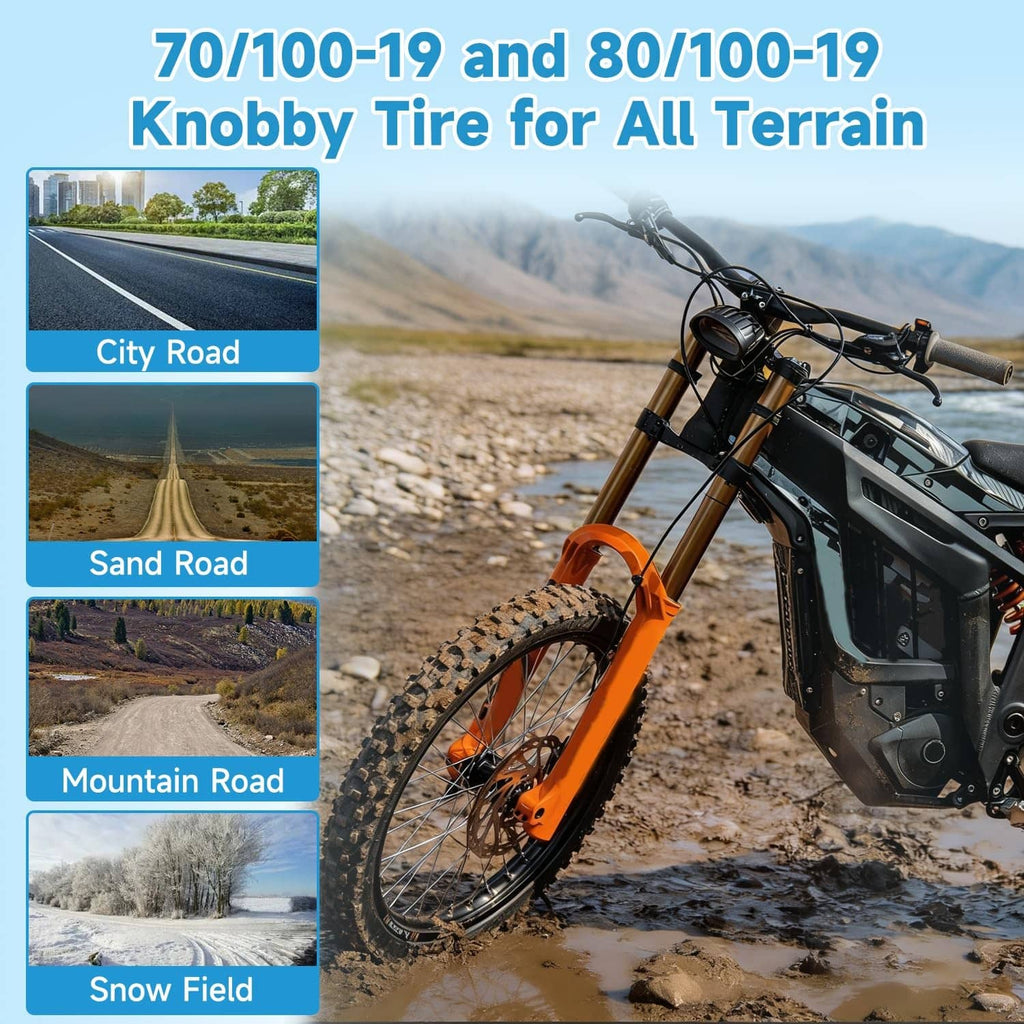 Knobby dirt bike tire and handlebar view, compatible for 70/100-19 and 80/100-19