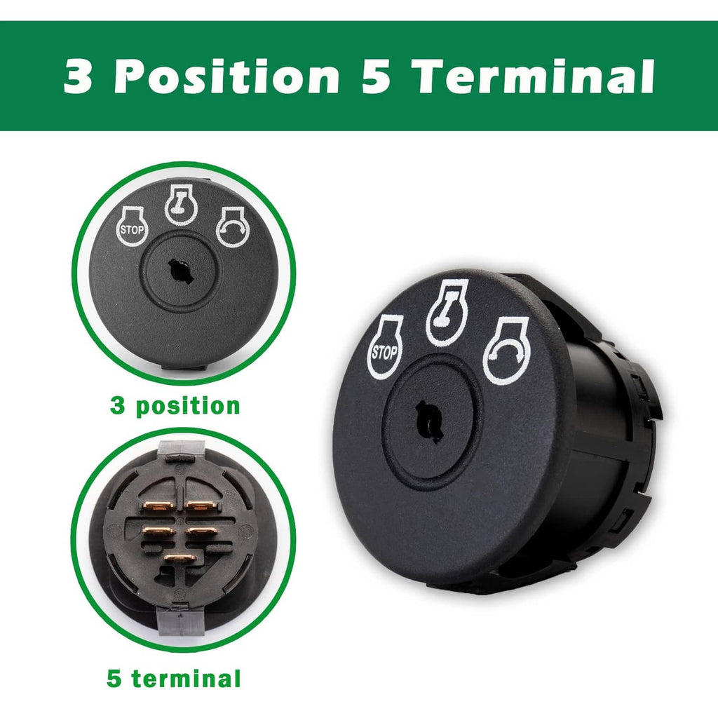 Lawn mower ignition switch showing 5 terminals at the back, black round control cap