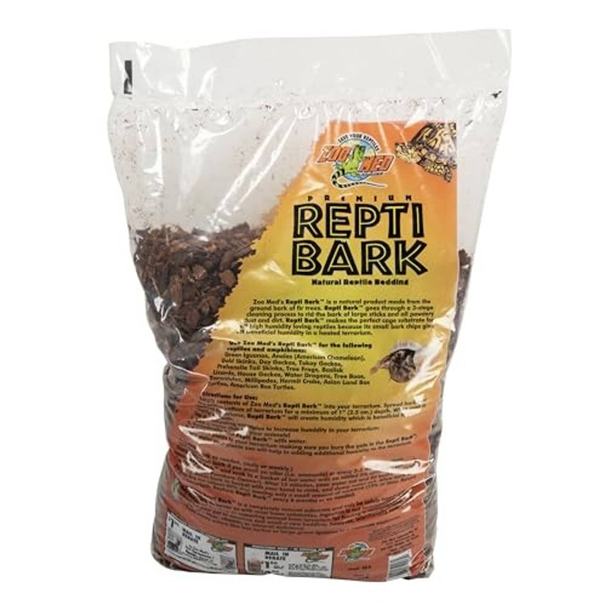 Zoo Med Reptile Bark Fir bedding bag, back label with dark brown bark pieces