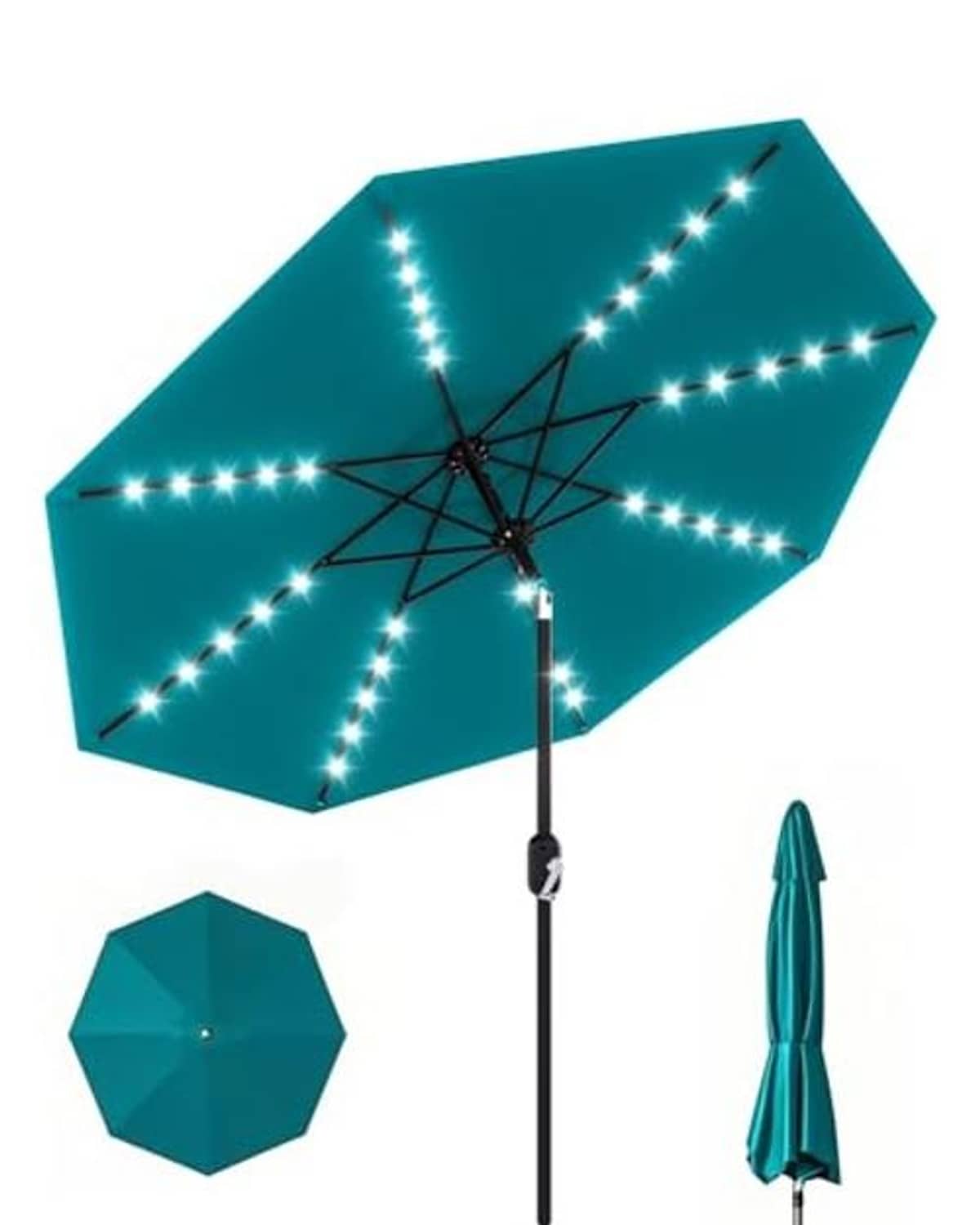 Teal patio umbrella with solar string lights and central pole