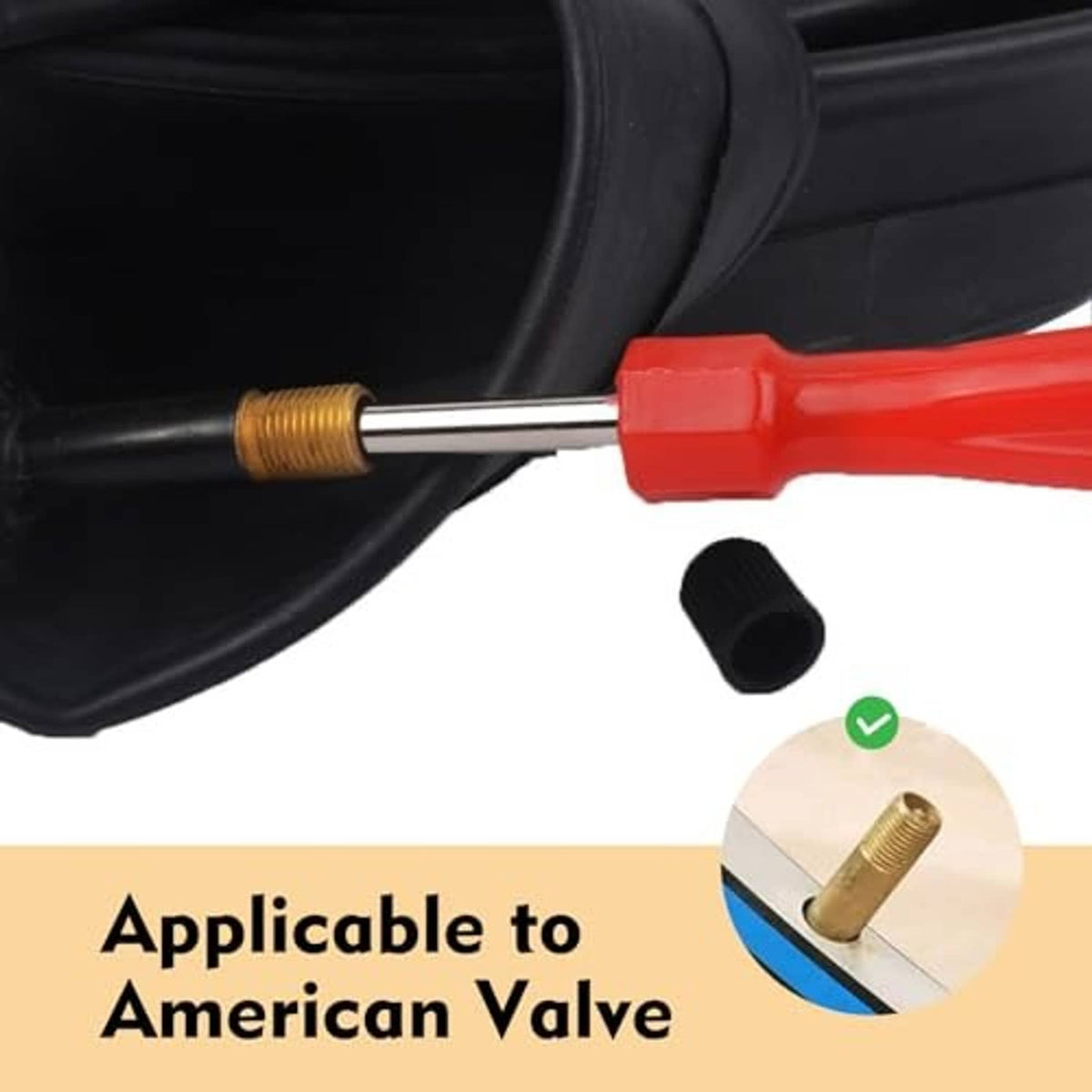 Tire valve core tool inserting into tire valve stem; red handle with brass metal end