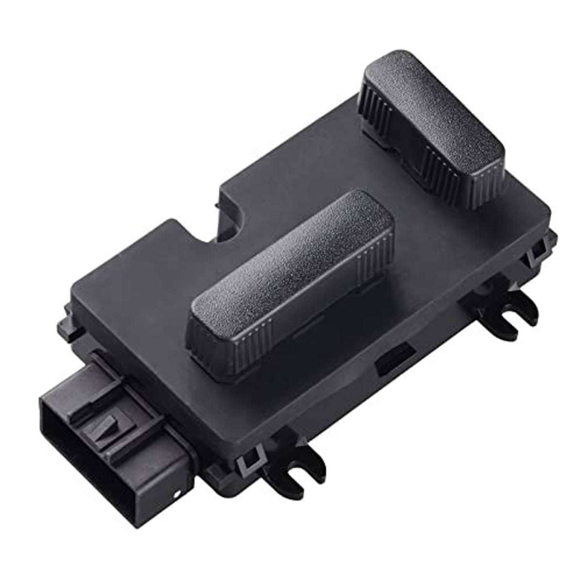 Power seat switch module with two textured buttons and wiring connector tabs