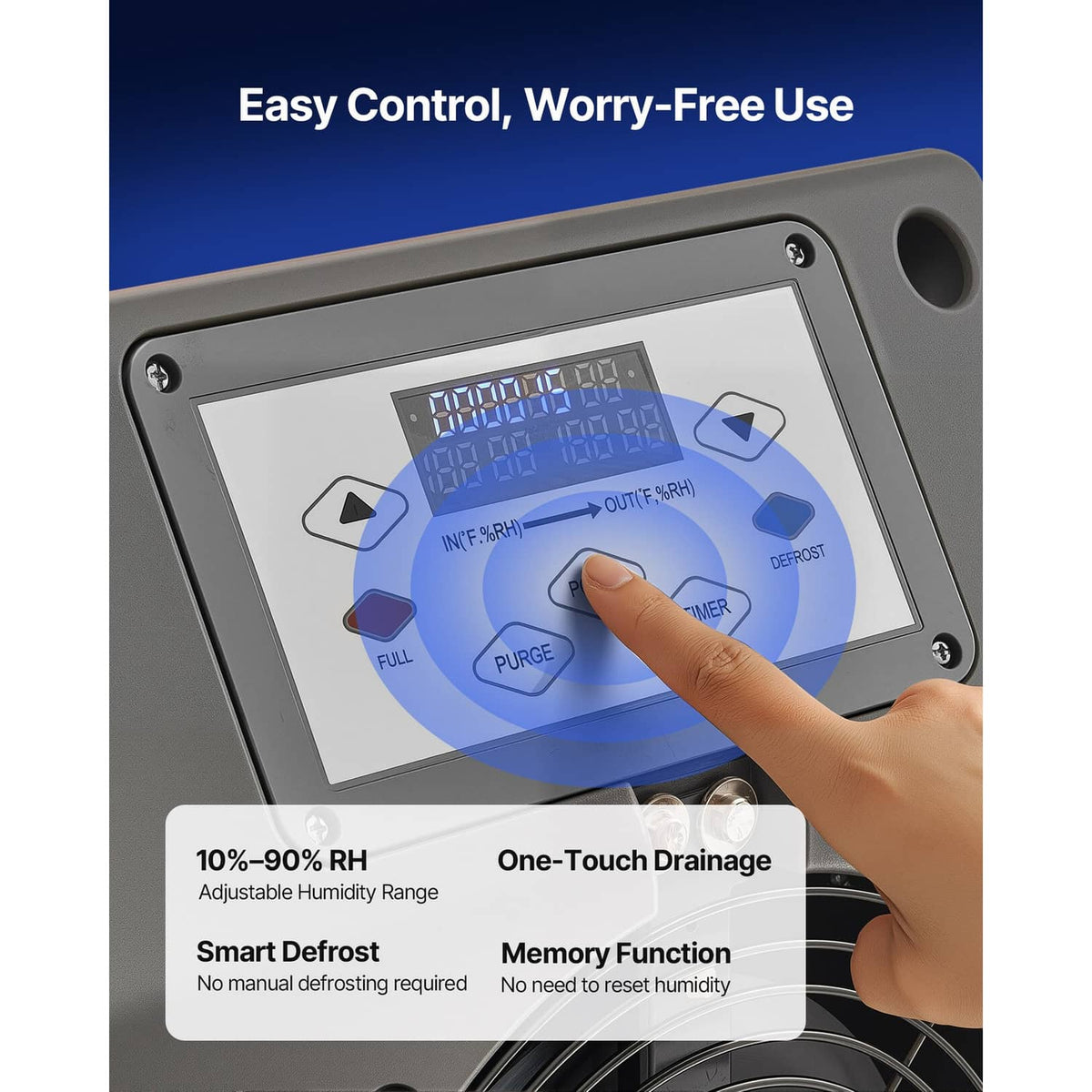 Dehumidifier control panel with touch buttons and RH indicator display